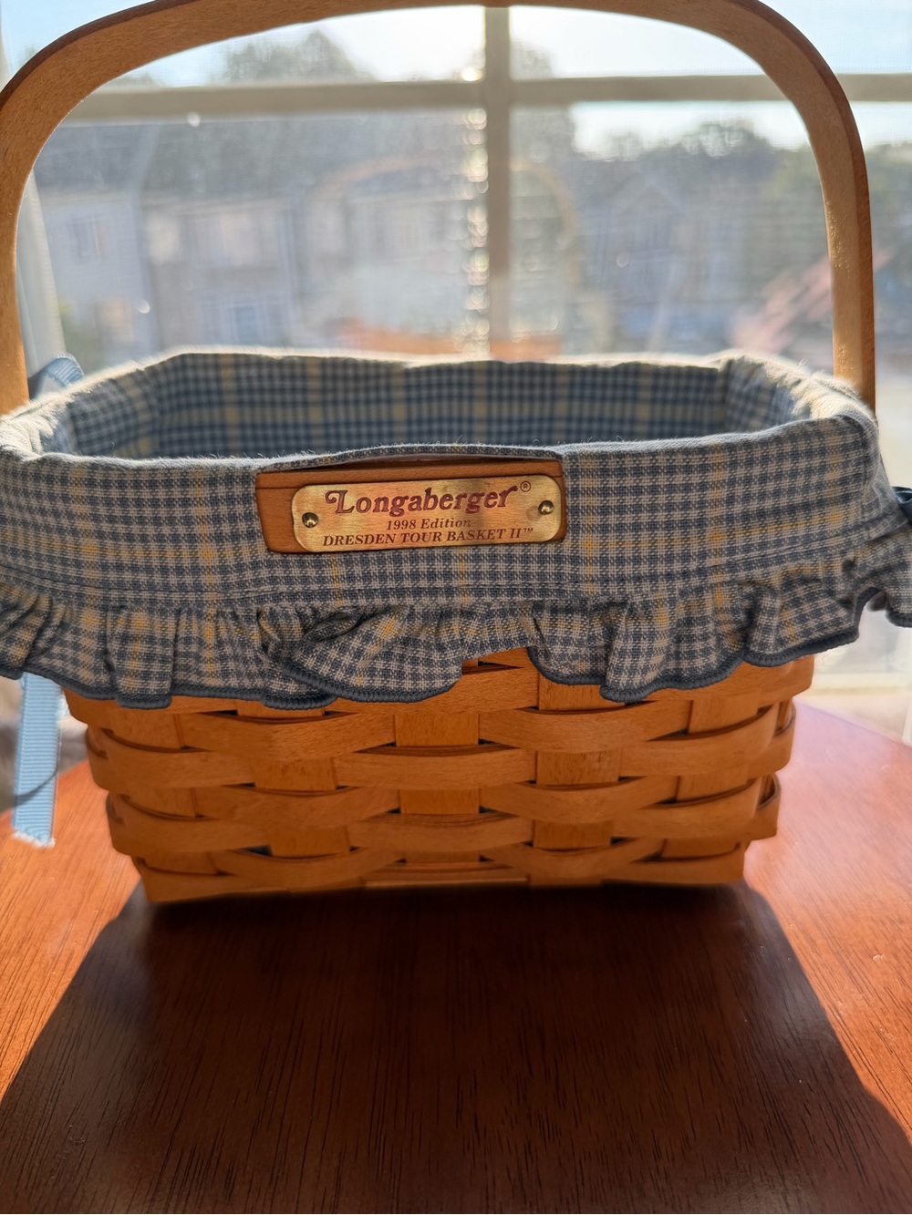 Longaberger Blue Plaid Lined Woven Basket with Ruffled Edge